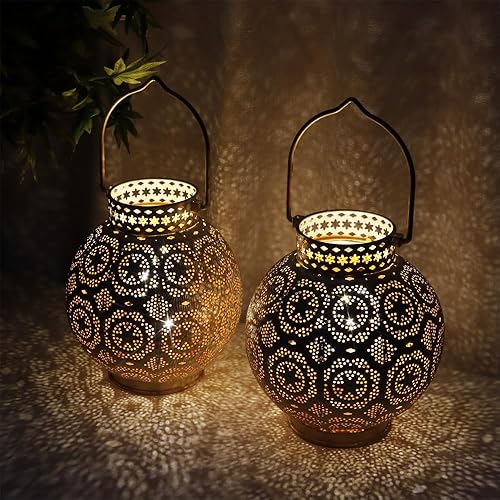 Miniatura 4 de TRIROCKS Juego de 2 lámparas decorativas marroquíes de 7 pulgadas de alto alimentadas por batería inalámbrica, lámparas de mesa de metal con