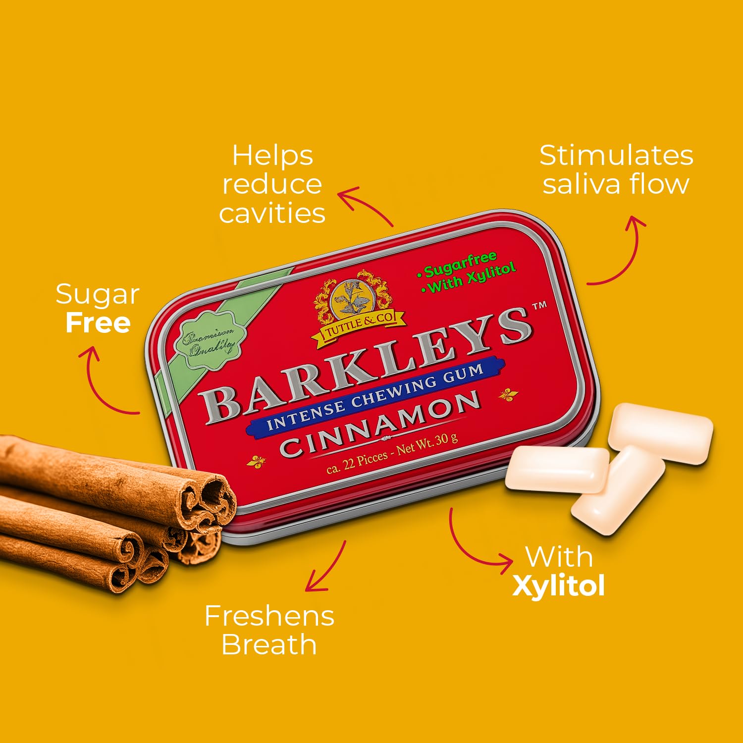 Gomme da Masticare Alla Cannella - Barkleys Cinnamon - Tuttle & Co. - Scatola di Metallo - 9 x 30 g