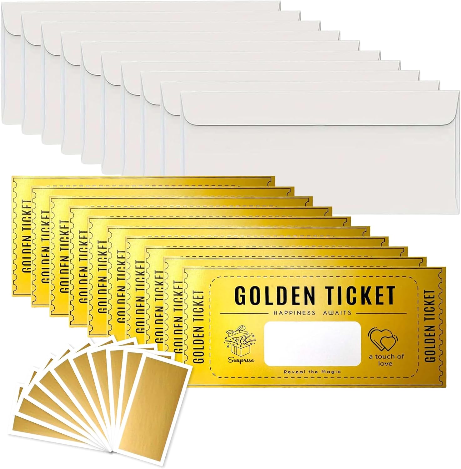 Golden Ticket Voucher Set: Scratch Stickers & Envelope, Scratch Cards Gift Card to Fill Yourself, Wish Voucher, Birthday Gift for Women, Men, Girlfriend, Mum, Child Pack of 10