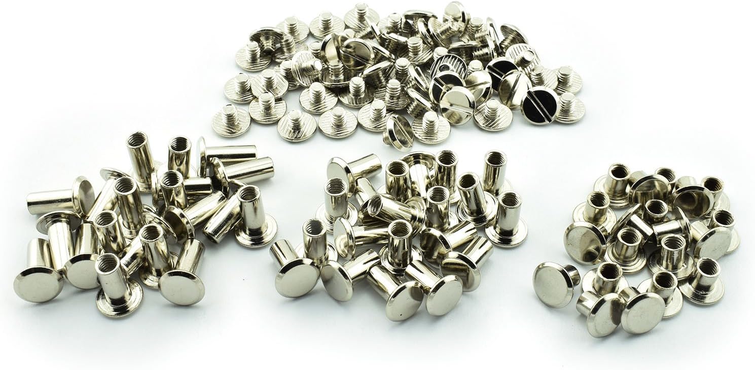 60 Sets Silvery Chicago Screws Assorted Kit 1/4 3/8 1/2 Inches Screw Posts Metal Accessories Nail Rivet Chicago Button for DIY Leather Decoration Bookbinding Round Flat Head Stud Screw