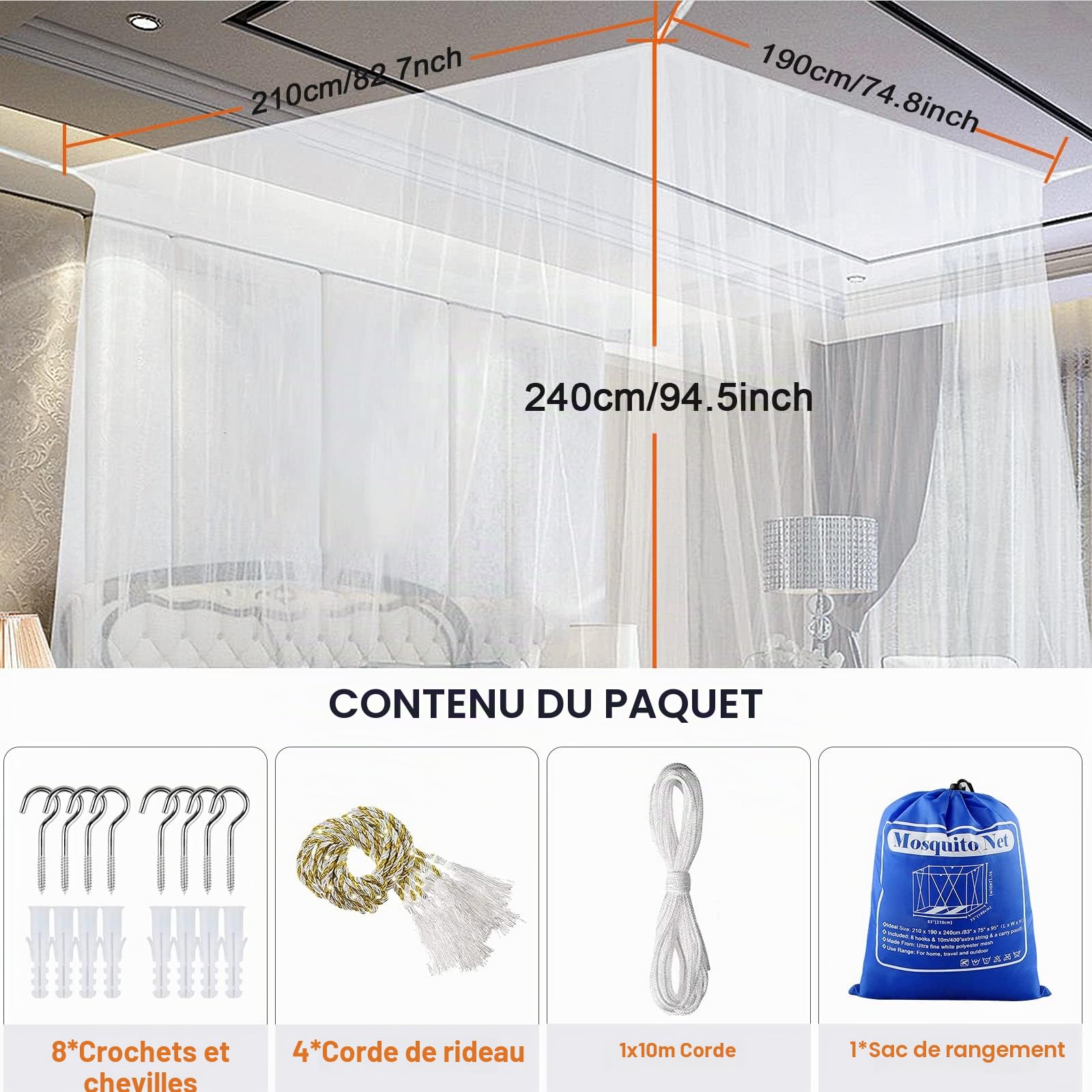 Opamoo Moustiquaire de Lit à Quatre Portes - Grand Baldaquin pour Soler Efficacement Les Moustiques - Pour Lit Double et Simple (190 x 240 x 210 cm)