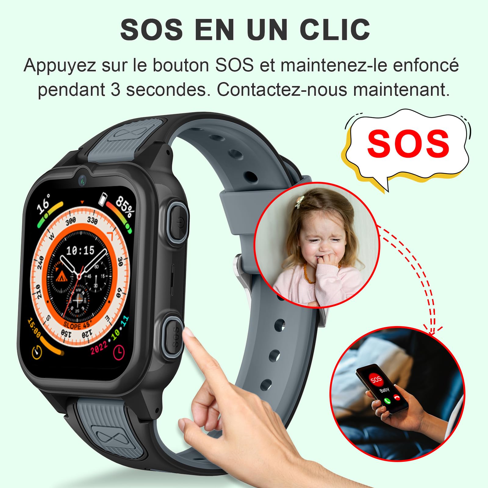 Montre Connectée Intelligente Enfant avec 4G WiFi GPS Téléphone Contrôle Parental Étanche Appels Vidéo SMS SOS Mode Cours Rejet Appels Inconnus Appareil Photo Réveil Musique pour Garçon Fille (Noir)