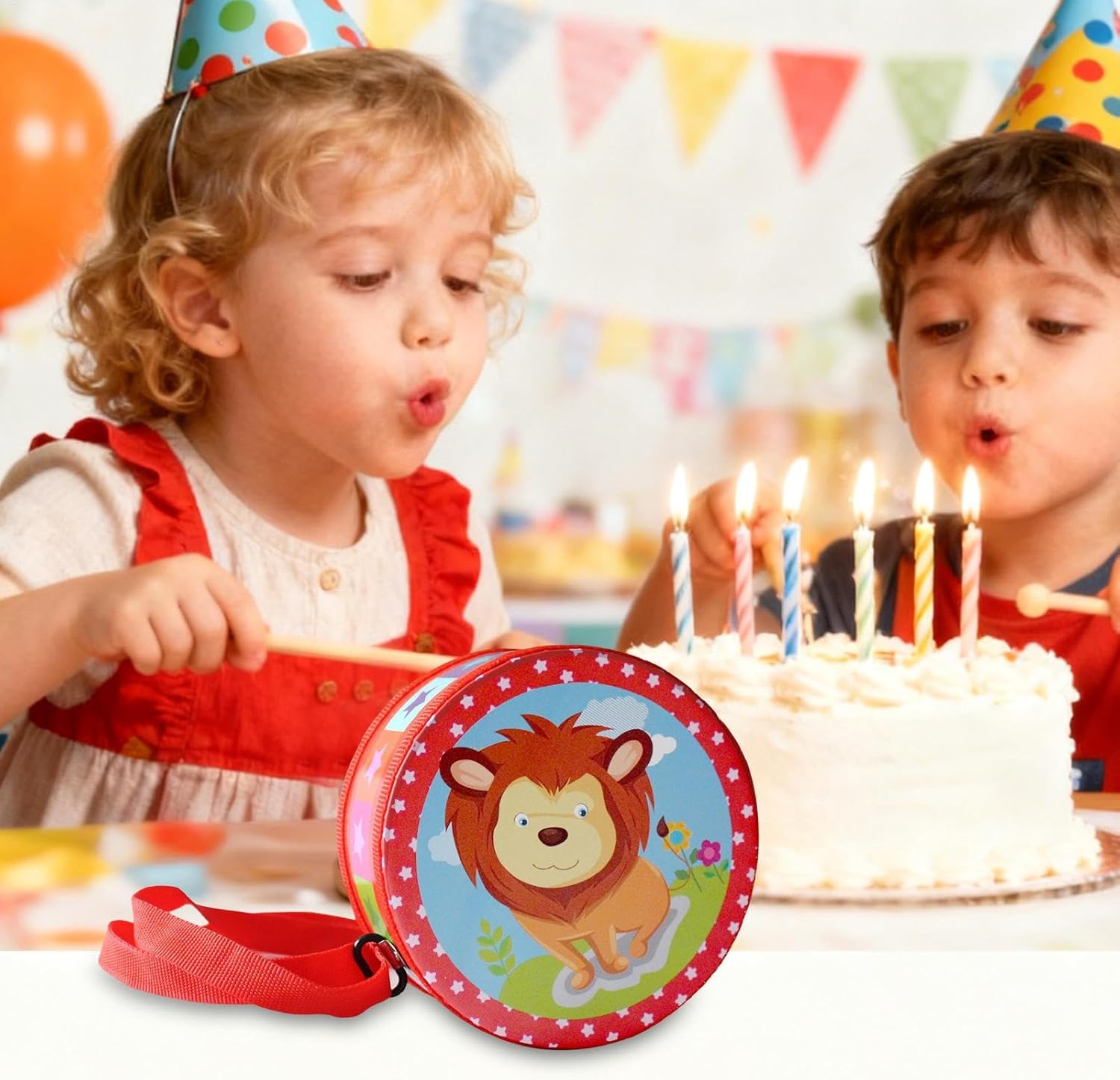 Drum for Kids - Wooden Educational Percussion Toy with Adjustable Carrying Strap & 2 Drumsticks, Music Instrument for Boys Girls 2-5 Years Birthday Home Nursery Playroom Gift