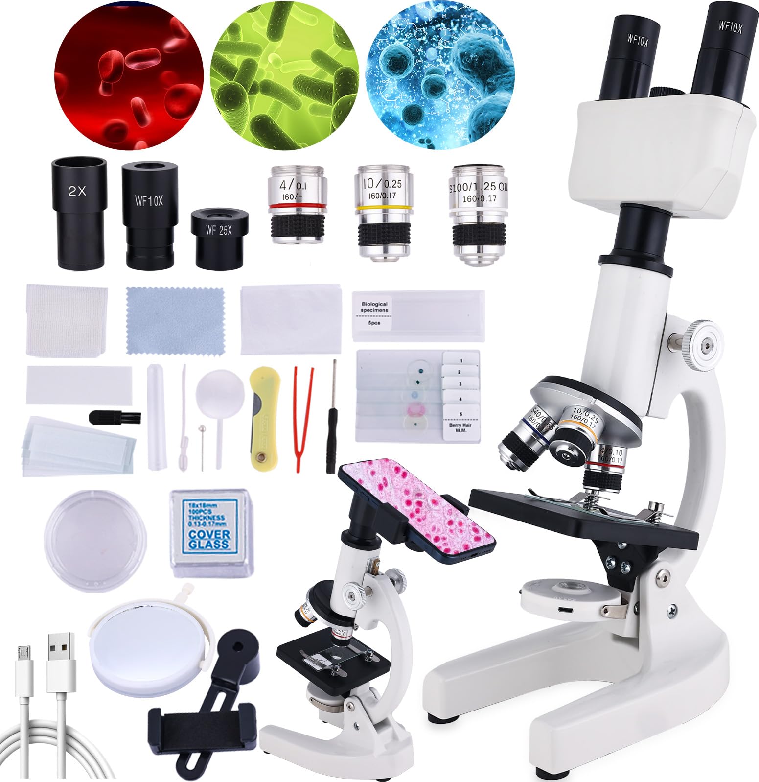 Herwicm Compound Microscope, 100X-2000X Binocular Microscope with Microscope Slide handpiece Adapter, Microscope kit for Children 8-12 Years Old