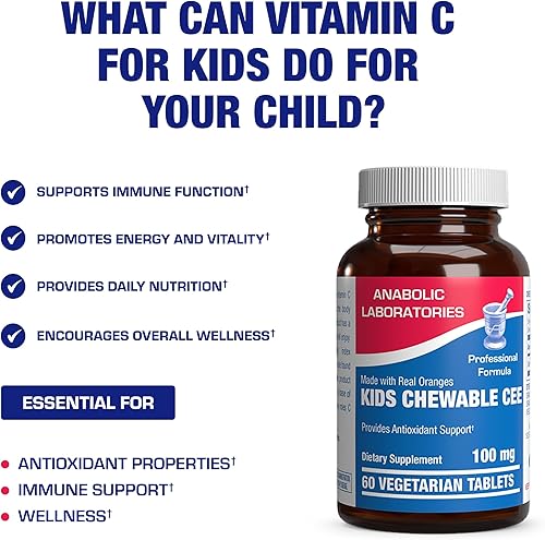 Miniatura 5 de Tabletas masticables de vitamina C para niños, 100 mg de vitamina C con sabor natural a naranja, 60 tabletas vegetarianas para apoyo antioxidante,