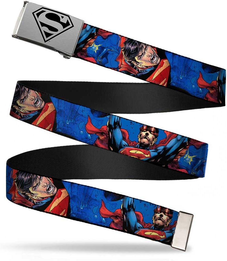 Buckle-DownBelt Graphic Clamp Buckle New 52 Superman Flying Lifting Action Poses Explosion Blues 1.25 Inch Wide Fits up to Size 42