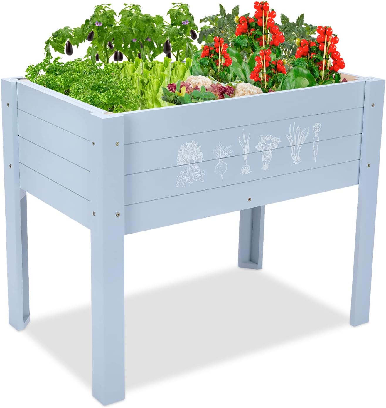 Kids Raised Garden Bed with DIY Chalkboard, 30 x 24 x 18 Inch Wooden Elevated Raised Garden Bed for Kids Outdoor Planter Box with Legs for Vegetables Grass Lawn Yard, Light Blue