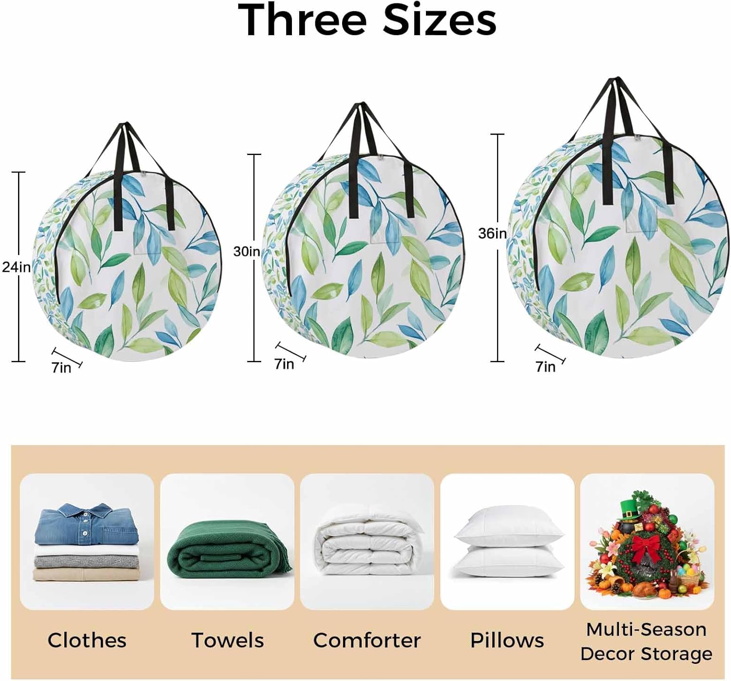 Green Blue Leaf Round Storage Bag 36 Inch, Watercolor Eucalyptus Leaves Fall Clothes Storage Container with Handles Heavy Duty Organizer for Comforter, Bedding & Holiday Wreaths