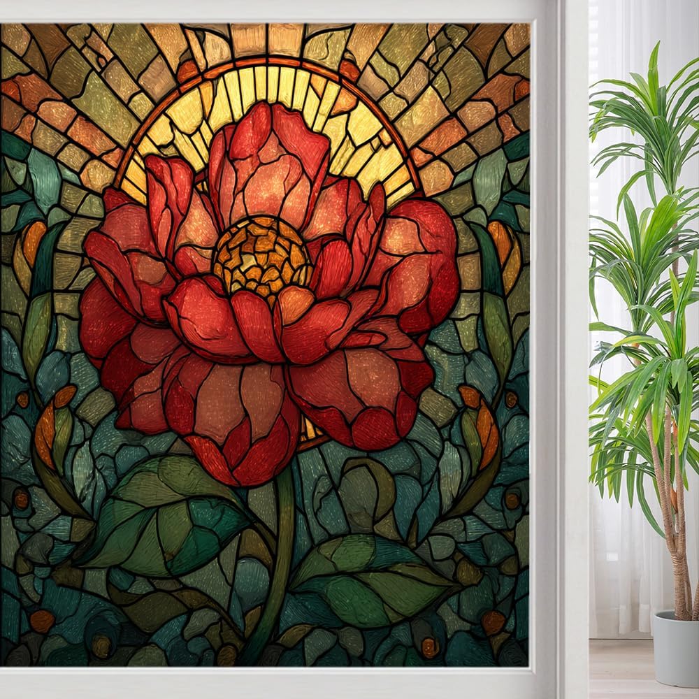 Nature Sunlight Flower Privacy Window Film, Red Botanical Mosaic Frosted Self-Adhesive Vinyl Cling for Glass Doors Bathroom Windows Sun Blocking Heat Control, 27.6Wx47.2L inch