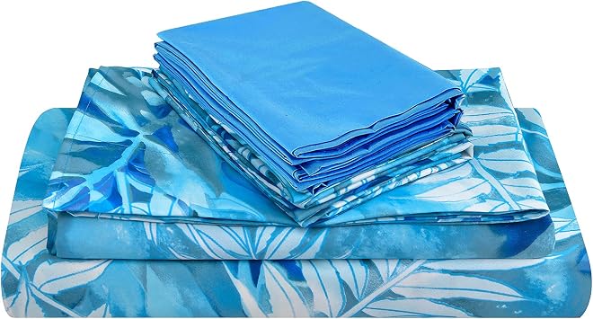 JSD Blue Tropical Leaves Print King Sheet Set Extra Deep Pocket