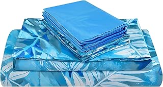 JSD Blue Tropical Leaves Print Sheet Set King Size, 6 Piece Soft Pattern Microfiber Bed Sheets Extra Deep Pocket