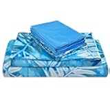 JSD Blue Tropical Leaves Print Sheet Set Queen Size, 6 Piece Soft Pattern Microfiber Bed Sheets Extra Deep Pocket
