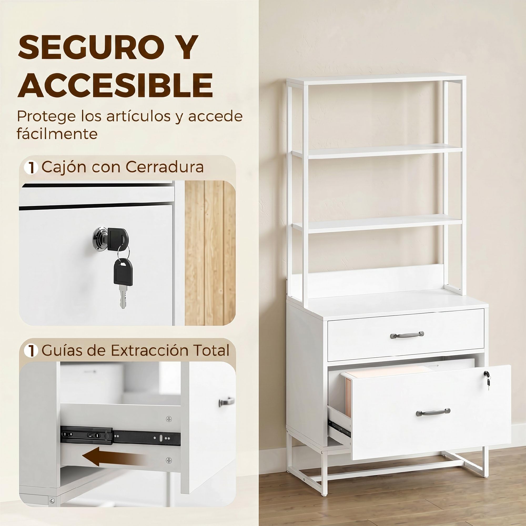 HOMCOM Cajonera Escritorio con Estantería, Mueble Archivador con 2 Cajones, Encimera para Impresora, Cerradura, para A4 Letter Legal, para Oficina, Estudio, Blanco