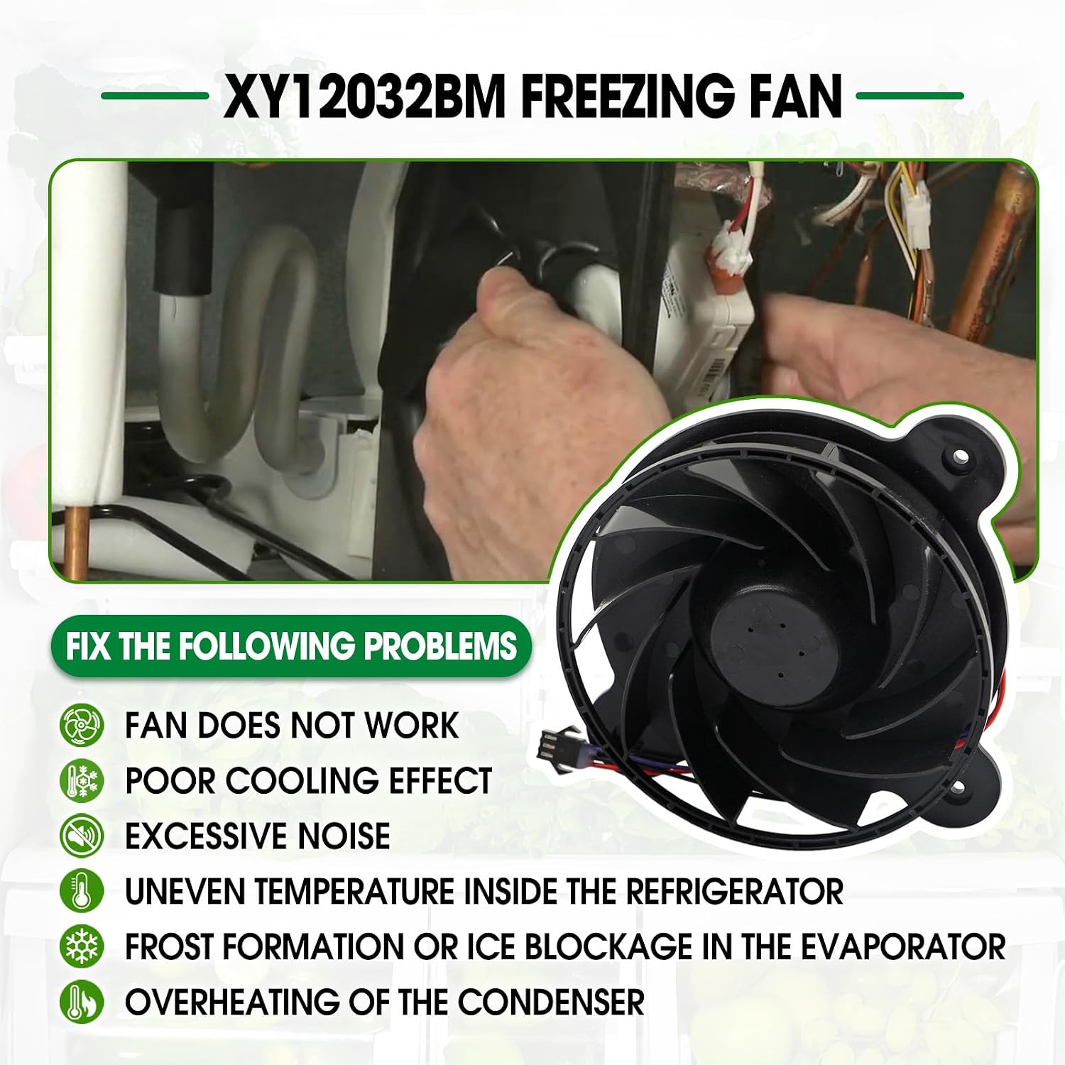 XY12032BM Refrigerator Cooling Fan DC12V 0.26A Refrigerator Freezing Fan XY12032BM Replacement for Galanz Fridge Freezer Silent Exhaust Cooling Size: 120×120×32mm