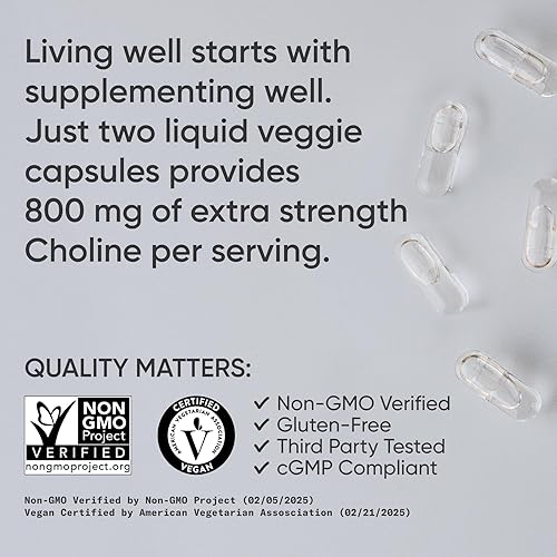 Miniatura 4 de Sports Research  Colina extra fuerte de 800 mg  Nutrientes esenciales con VitaCholine para apoyo al enfoque  Certificado vegano  Sin OMG  Sin gluten