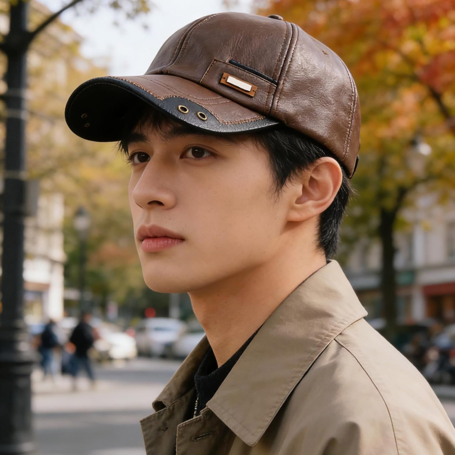 Warm Leather Baseball Cap, Thicked Windproof Waterproof PU Leather Baseball Cap with Fleece Lining - Image 3