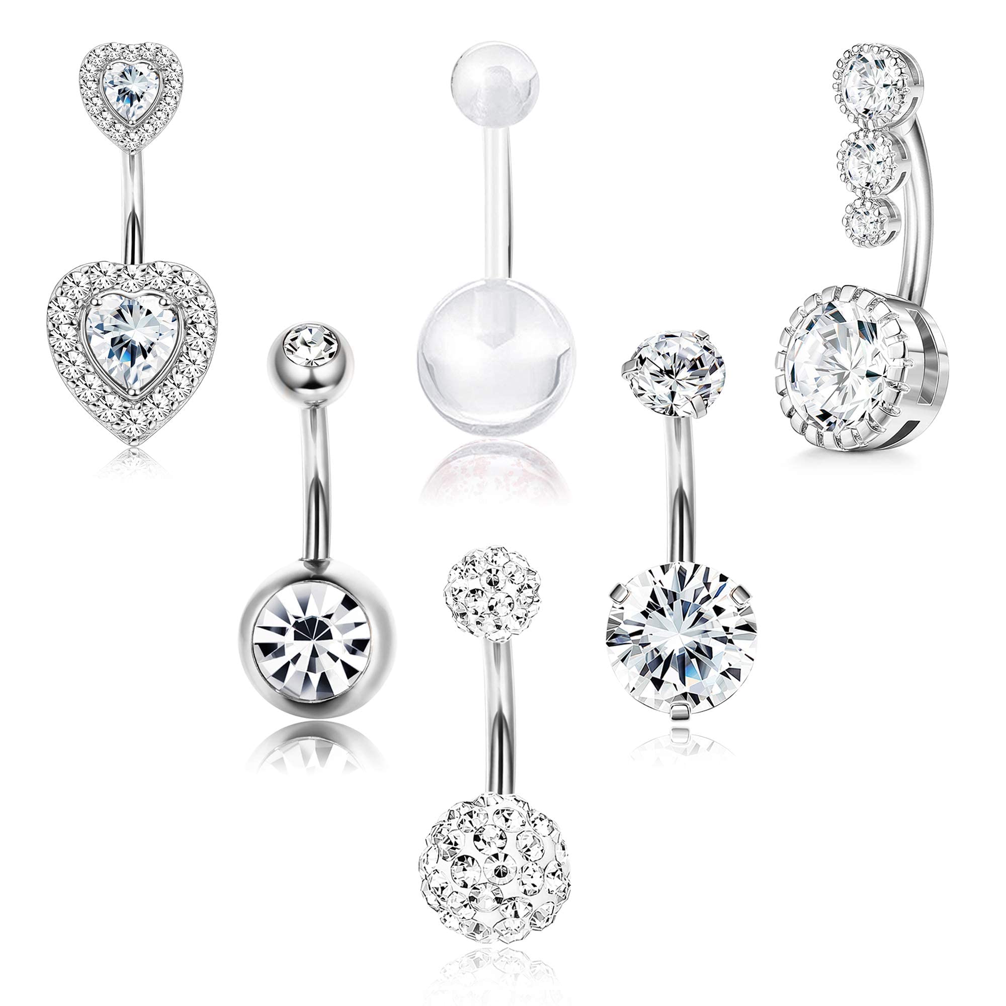 MILACOLATO Anillos de Ombligo Inverso de Acero Quirúrgico para Mujeres Barra Curva CZ Lindo Cuerpo Piercing Jewelry 14G 6Pcs