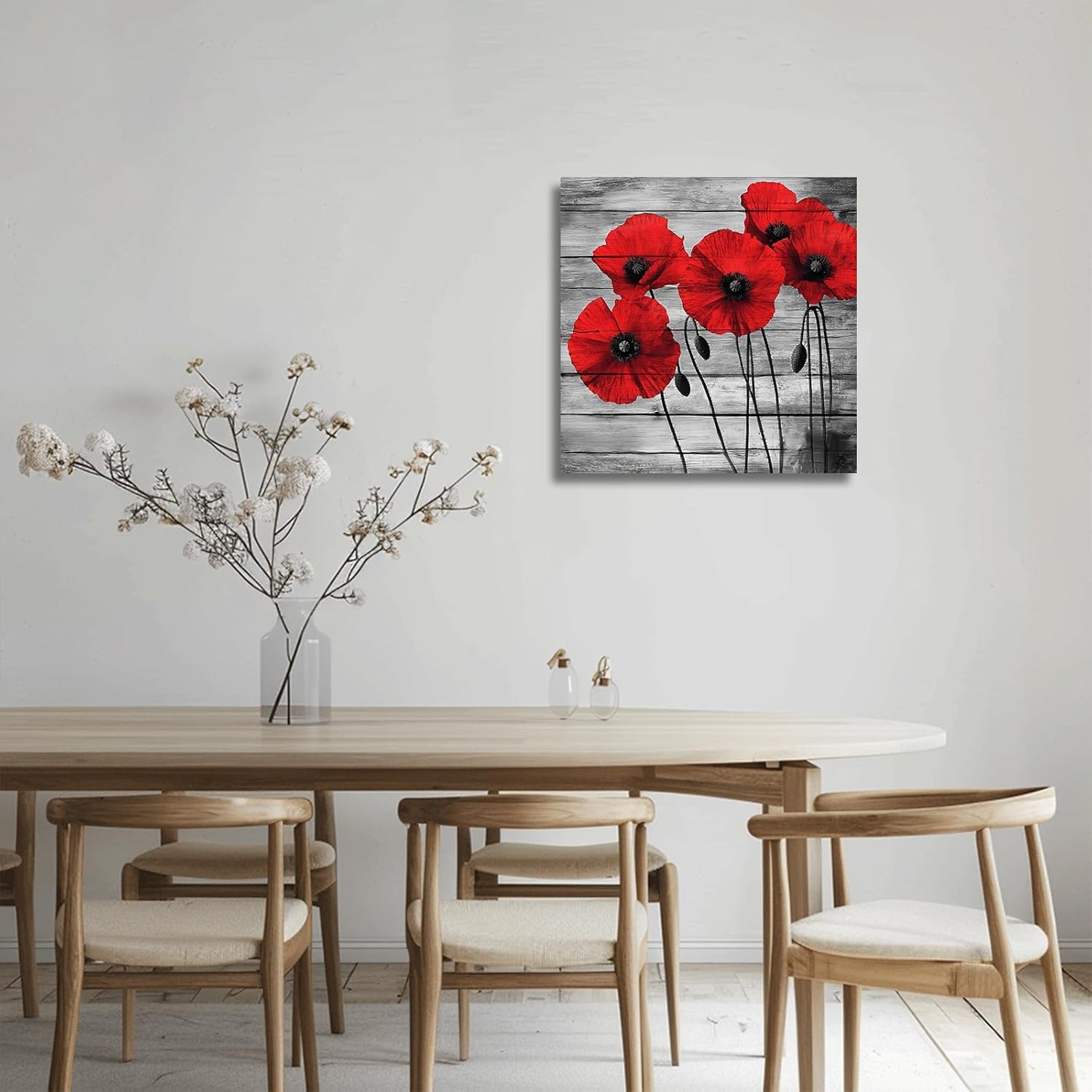 XLMDYYSW Red Poppy Wall Art Black White and Gray Poppies Flowers Pictures Vintage Floral Canvas Print Rustic Bathroom Painting for Farmhouse Kitchen Framed (Red, 12L x 12W)