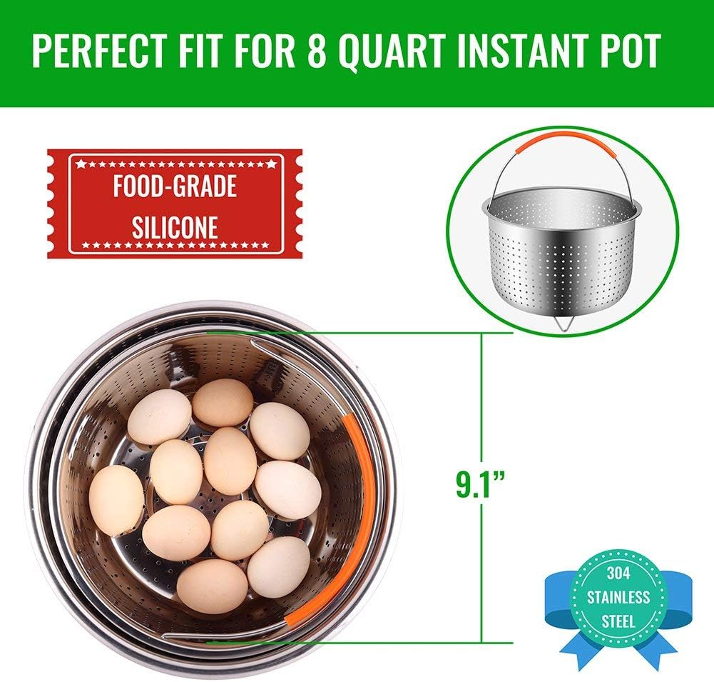 House Again Original Sturdy Steamer Basket for 8 Quart Pressure Cooker, 18/8 Stainless Steel Steamer Insert with Silicone Covered Handle, Great Accessory for Steaming Vegetables Fruits Eggs
