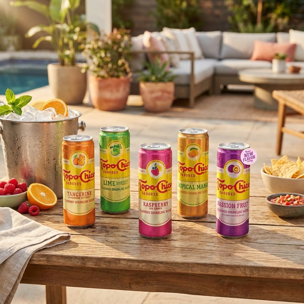 Topo Chico Sabores - Sparkling Mineral Water Variety 15 Pack – Lime With Mint, Passionfruit, Raspberry With Lemon, Tangerine With Ginger, Tropical Mango – 12 oz Cans – Refreshing Flavored Sparkling Water Assortment