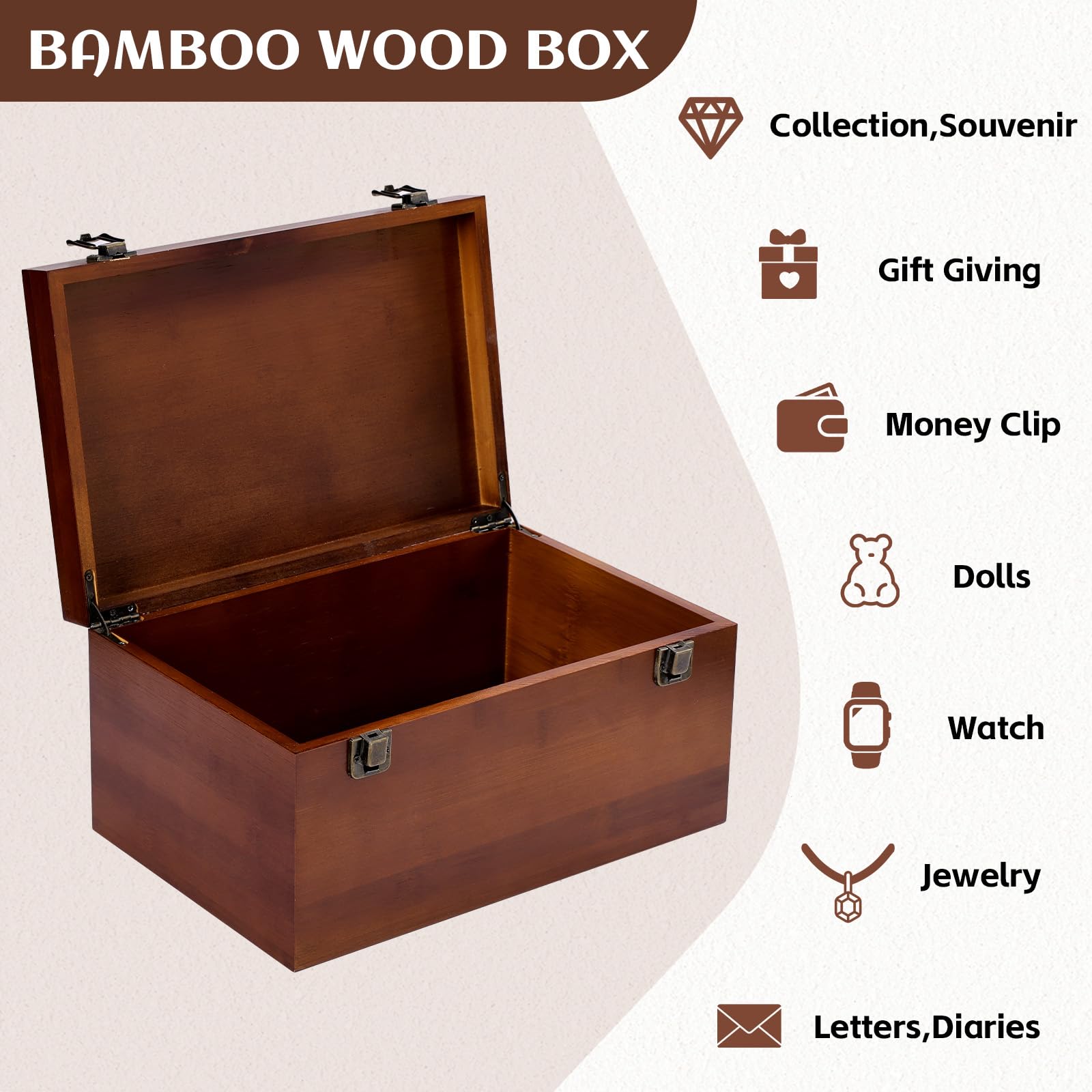 Erinnerungsbox aus Holz, 30 x 20 x 15 cm, mit Scharnierdeckel, große dekorative Holz-Schatzbox, Vintage-Schmuck-Aufbewahrungsbox für Rezepte, Fotos, Bastelarbeiten, Schmuckkarten, Werkzeug, Braun