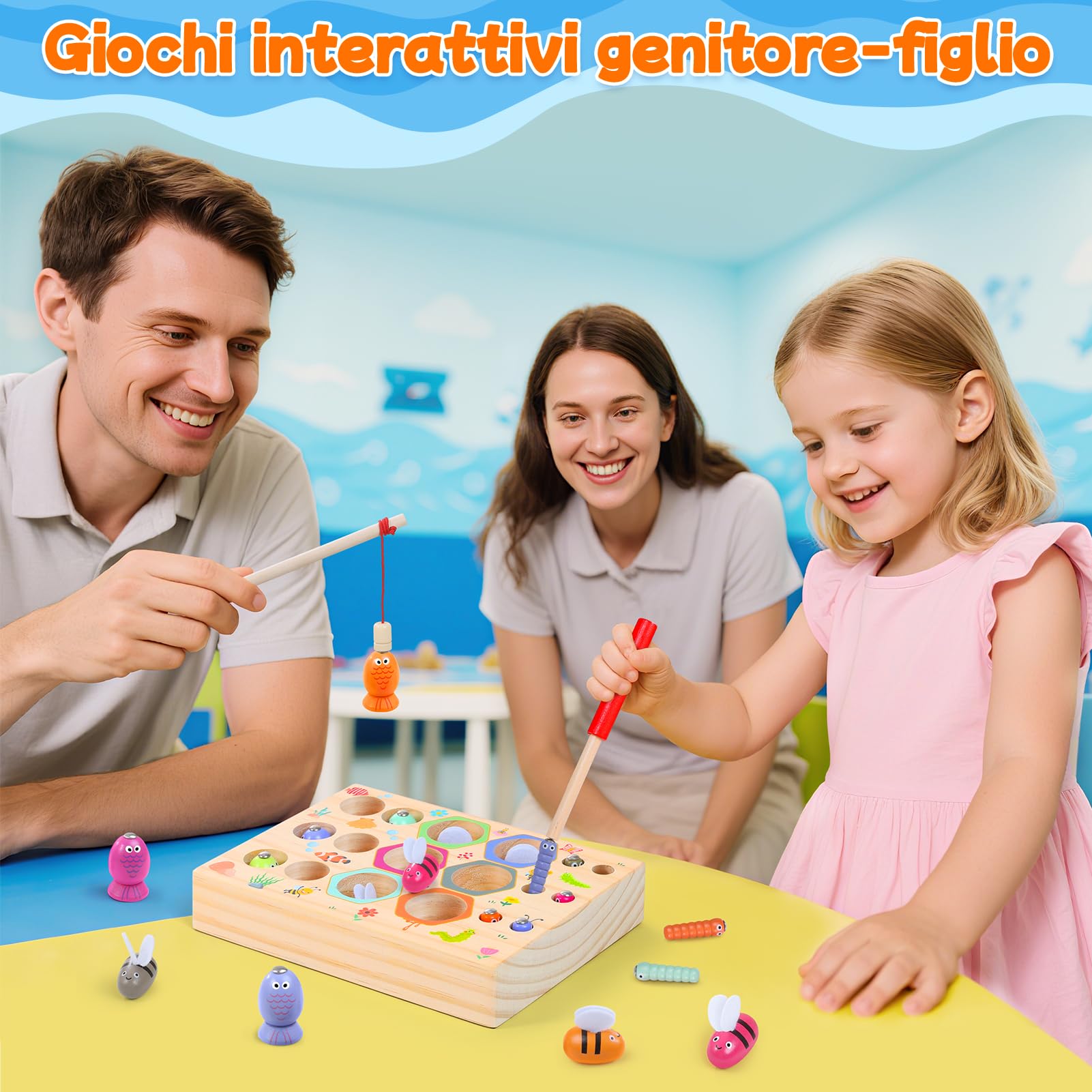 Gioco di Pesca Magnetico, 3 In 1 Giocattoli da Pesca in Legno per Bambini, Giocattoli Montessori, Giochi Educativi, Regalo per Compleanno di Natale di 3 Anni per Ragazzo e Ragazza