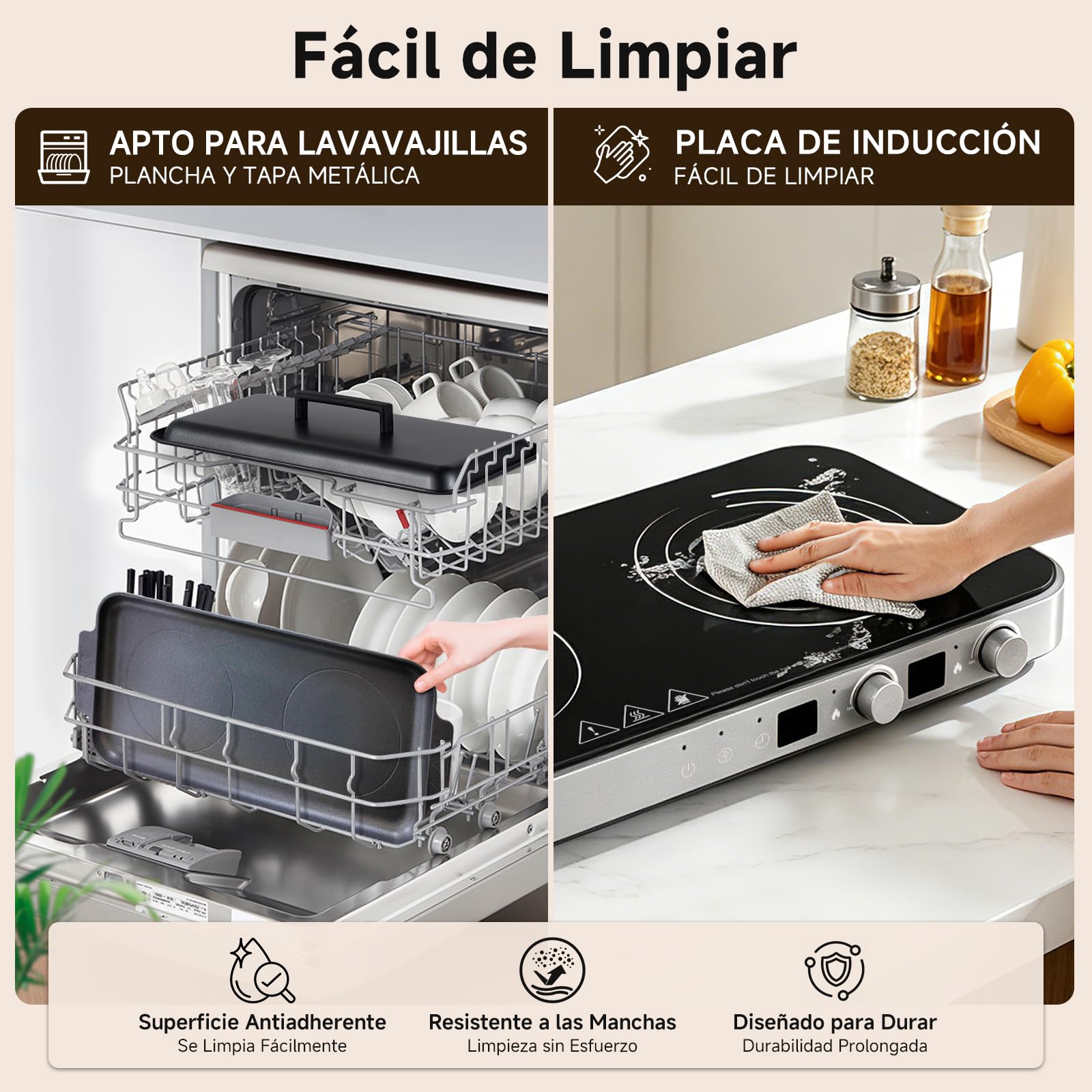 AMZCHEF 3000W Placa de Inducción Doble, Placa de Inducción 2 Fuegos Portátil con Plancha Grill Extraíble, 9 Niveles de Potencia/Temperatura, para Barbacoa Interior y Autocaravana, Gris Hierro