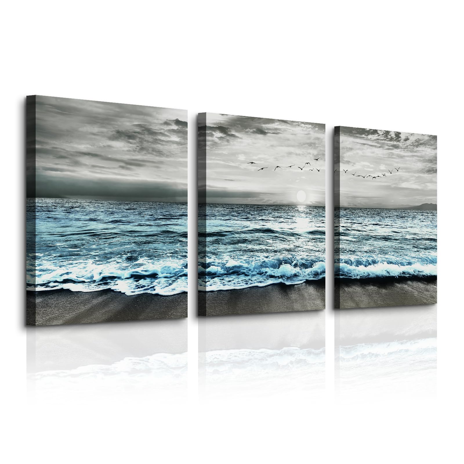 MHARTK66 Quadri Moderni Uccelli Della Spiaggia All'alba, Quadro Su Tela Grigio Blu Mare Oceano Quadro Moderno Soggiorno Camera da Letto Sala Da Pranzo Bagno Cucina e Ufficio