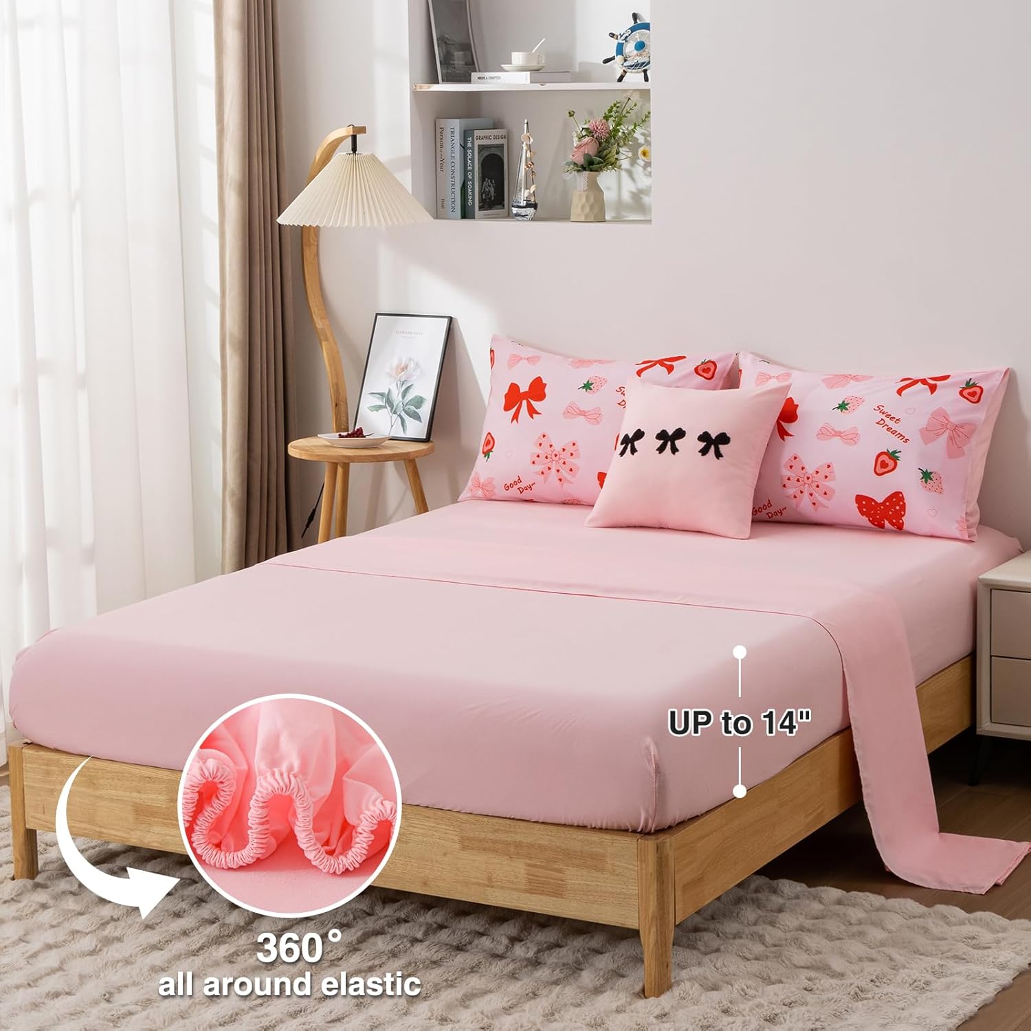 A Nice Night Red Bow Comforter Set,6 Piece Bed in a Bag Matching Sheet Set,Cute Ribbon Bowknot Bedding Sets,Princess Style Strawberry Printed,Light Pink Room Decor for Girls,Full