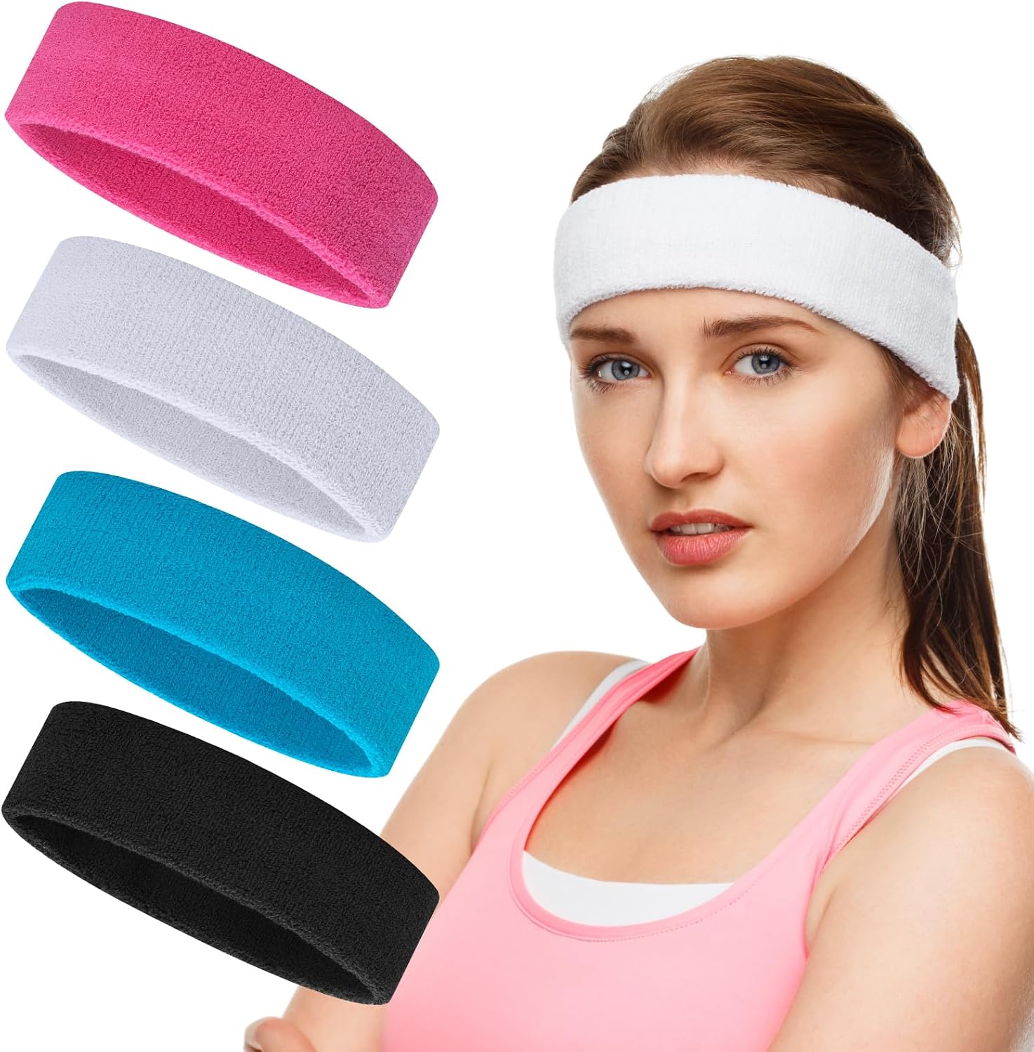 ONUPGO 4 Pack Sweatbands Sports Headbands for Men & Women, Cotton Headband Terry Cloth Sweatband for Tennis,Basketball,Football,Gym,Working Out - Moisture Wicking Elasticity