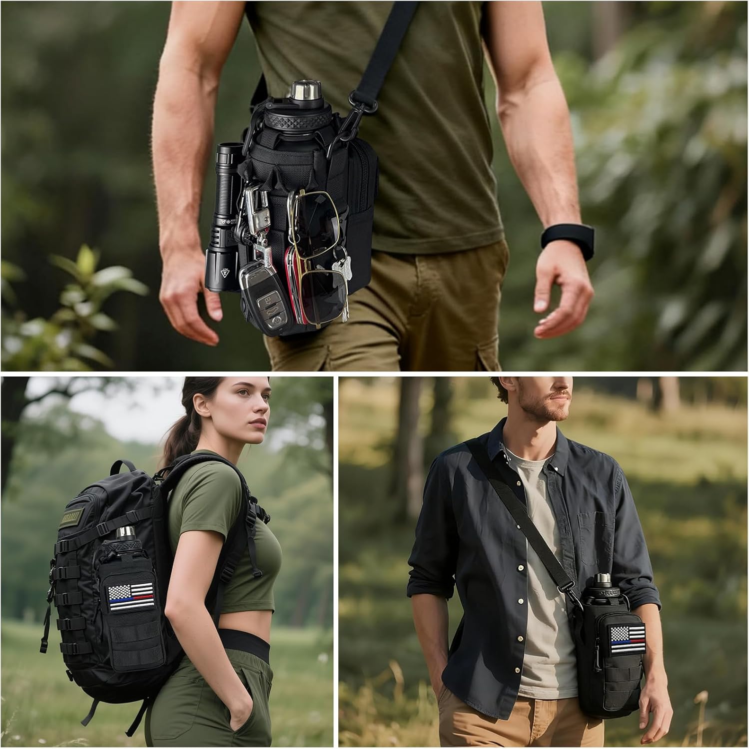 Water Bottle Holder with Strap - Tactical Insulated Water Bottle Sleeve with MOLLE System Water Bottle Cover Cross-Body Pouch for Walking Hiking Camping Gym 32oz&40oz - Image 6