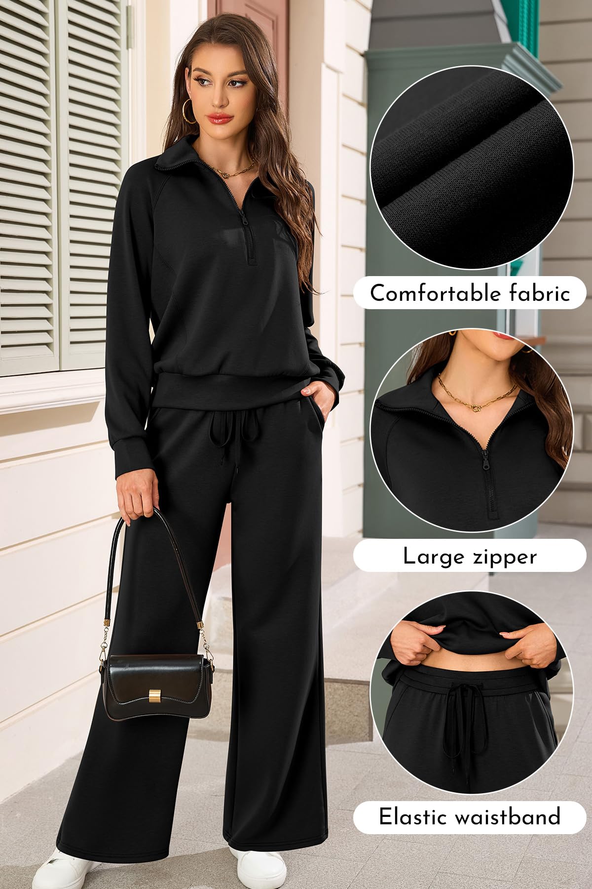 SHEKINI Chándal para mujer de manga larga con parte superior de salón, juego de ropa deportiva con cremallera 1/2, traje de ocio, sudadera, pantalones de chándal con pierna ancha, traje de casa de dos