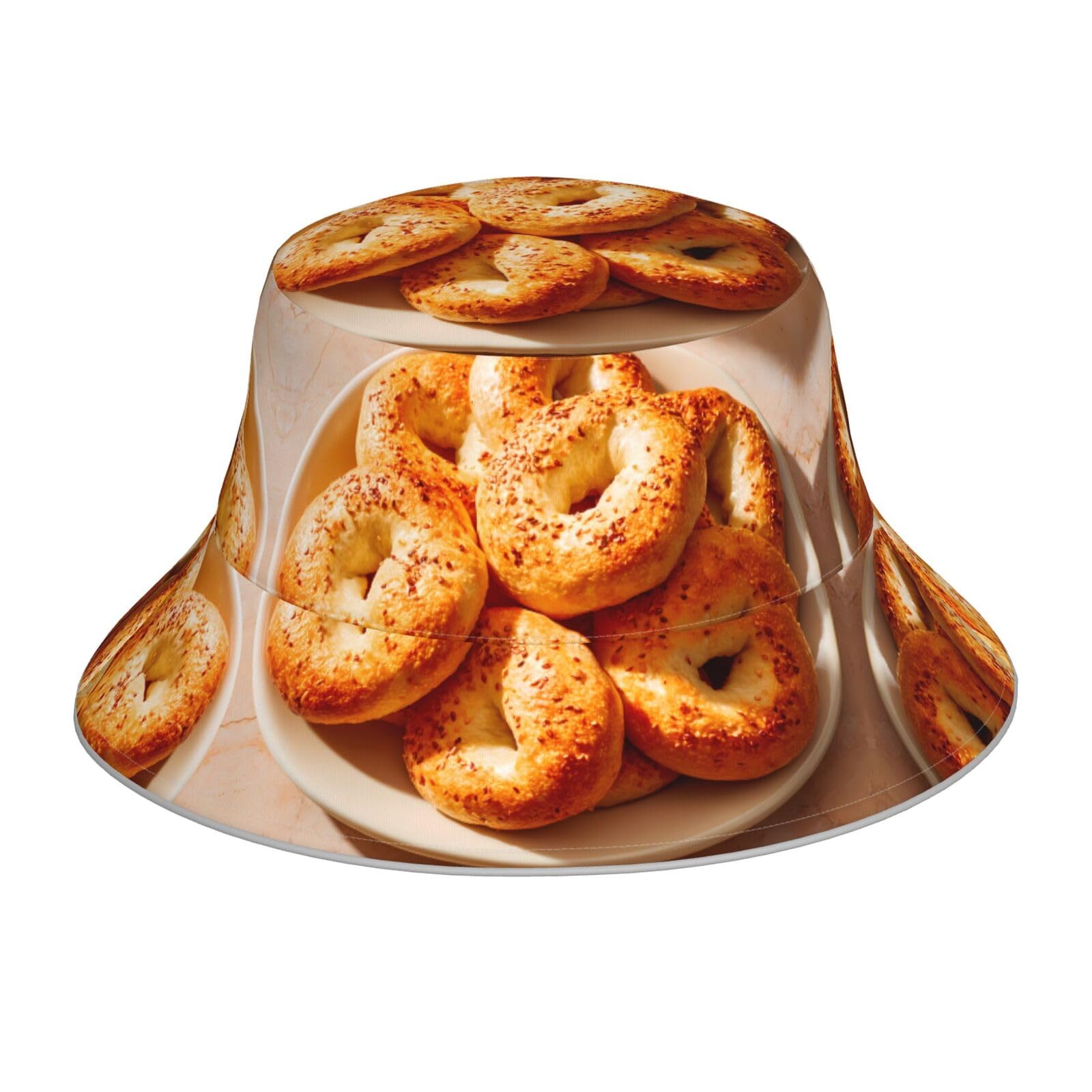 Ytuopwe Men's Black Reflective Double-Sided Bucket Hat Bagels On The Plate. Picture Foldable For Beach, Camping