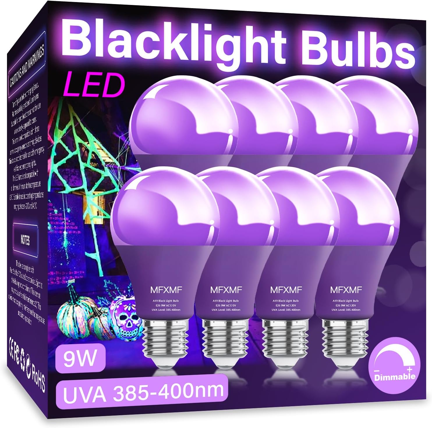 8 Pack A19 LED Black Light Bulbs,9W (100W Equivalent) E26 Base Dimmable Black Lights, UVA Level 385-400NM, Halloween Light Bulbs，Glow in The Dark，Fluorescent Poster, Body Paint,Neon Glow Party