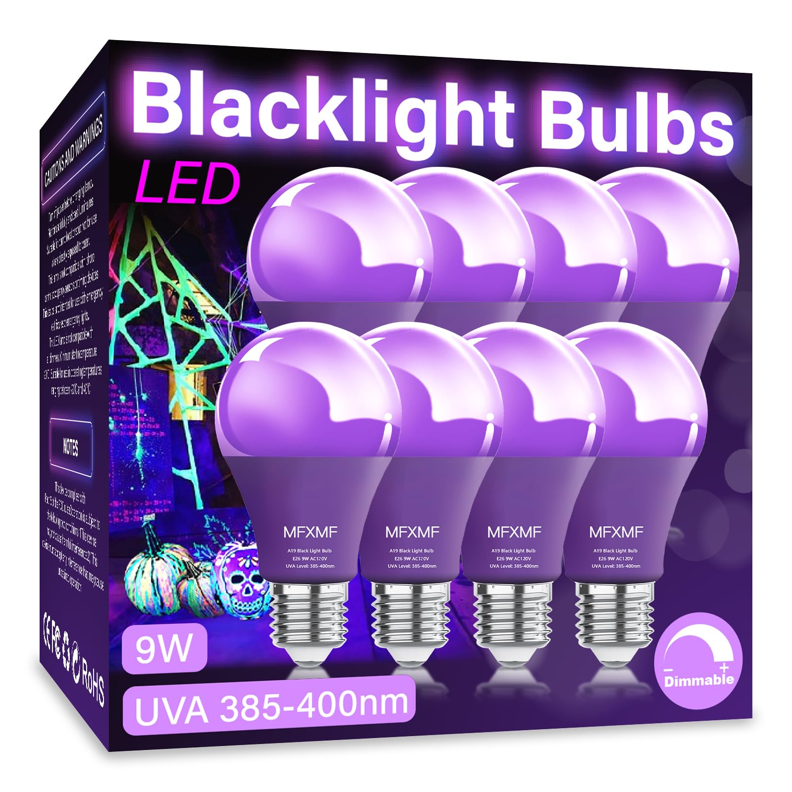 8 Pack A19 LED Black Light Bulbs,9W (100W Equivalent) E26 Base Dimmable Black Lights, UVA Level 385-400NM, Halloween Light Bulbs，Glow in The Dark，Fluorescent Poster, Body Paint,Neon Glow Party