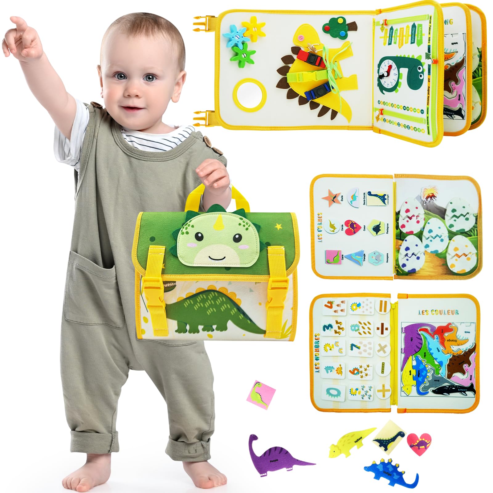 Busy Board dinosauro, giocattolo Montessori per bambini 2, 3, 4, 5 anni, zainetto, per motricità, attività, intrattenimento in auto, per bambini e bambine, 1, 2, 3, 4 anni