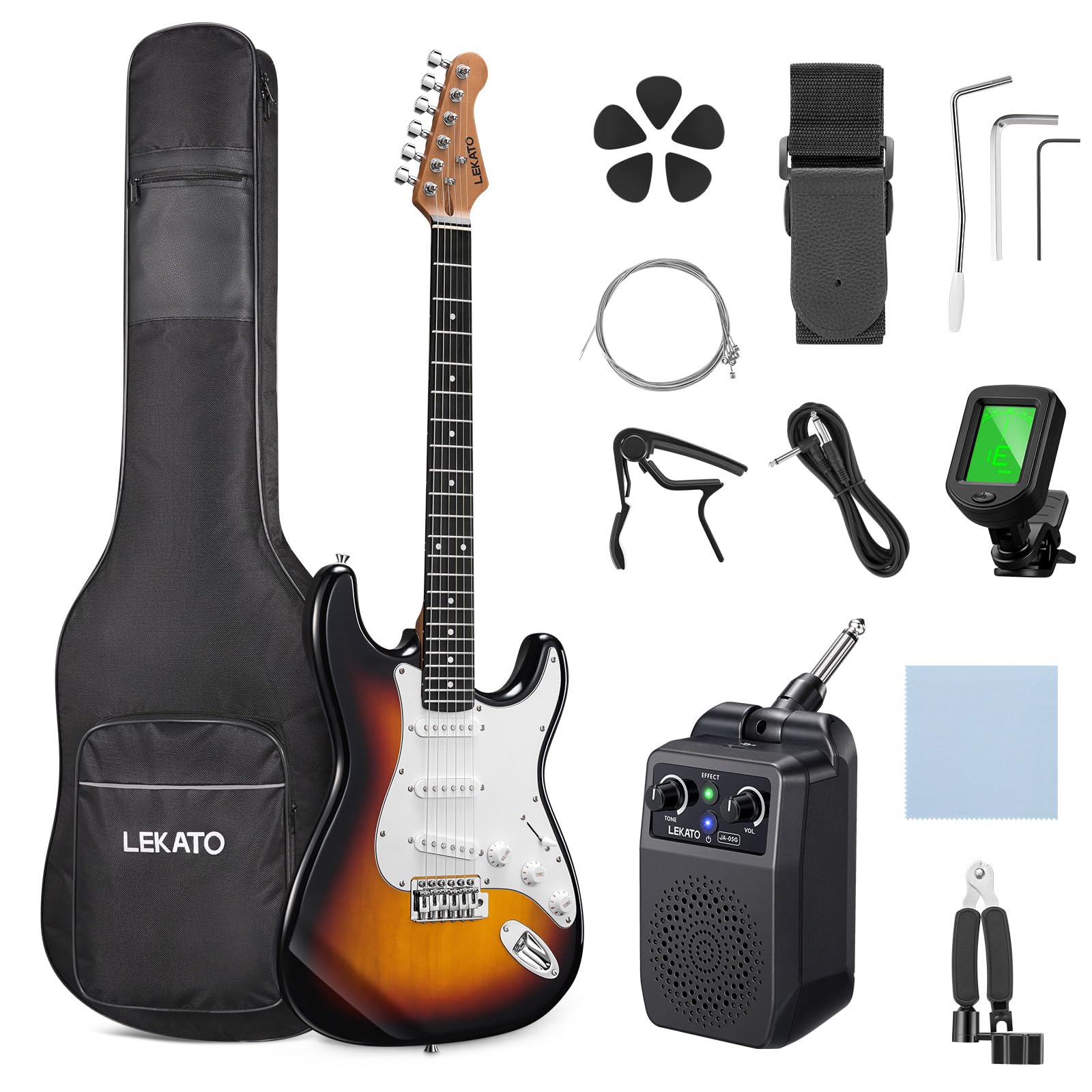 LEKATO 초보자 일렉트릭 기타 키트 99.4cm(39인치) 풀 사이즈 솔리드 바디 기타 SSS, 스타터 로스트 메이플 넥 스테인리스 스틸 프렛, 5w 플러그인 앰프, 가방, 튜너, 카포, 스트랩, 픽, 스트링, 케이블-선버스트