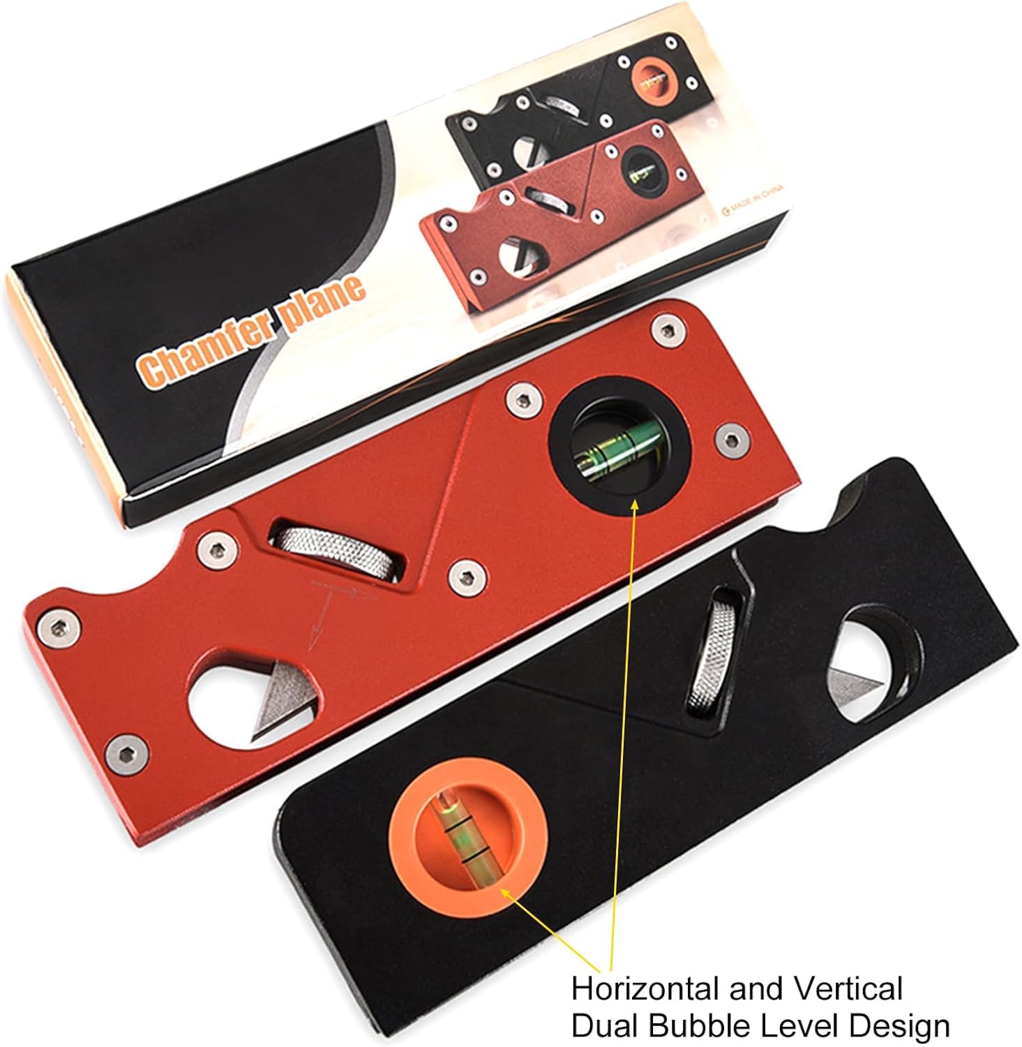 Multifunzione Lavorazione Del Legno Piano, Smussare Pialla 45 Gradi 1/8" 3/16" 1/4" Raggio Contorni Bordo Rifilatura Pialla Smussare Pialla Manuale Con 2 Livelle A Bolla, per Falegnami (Rosso)