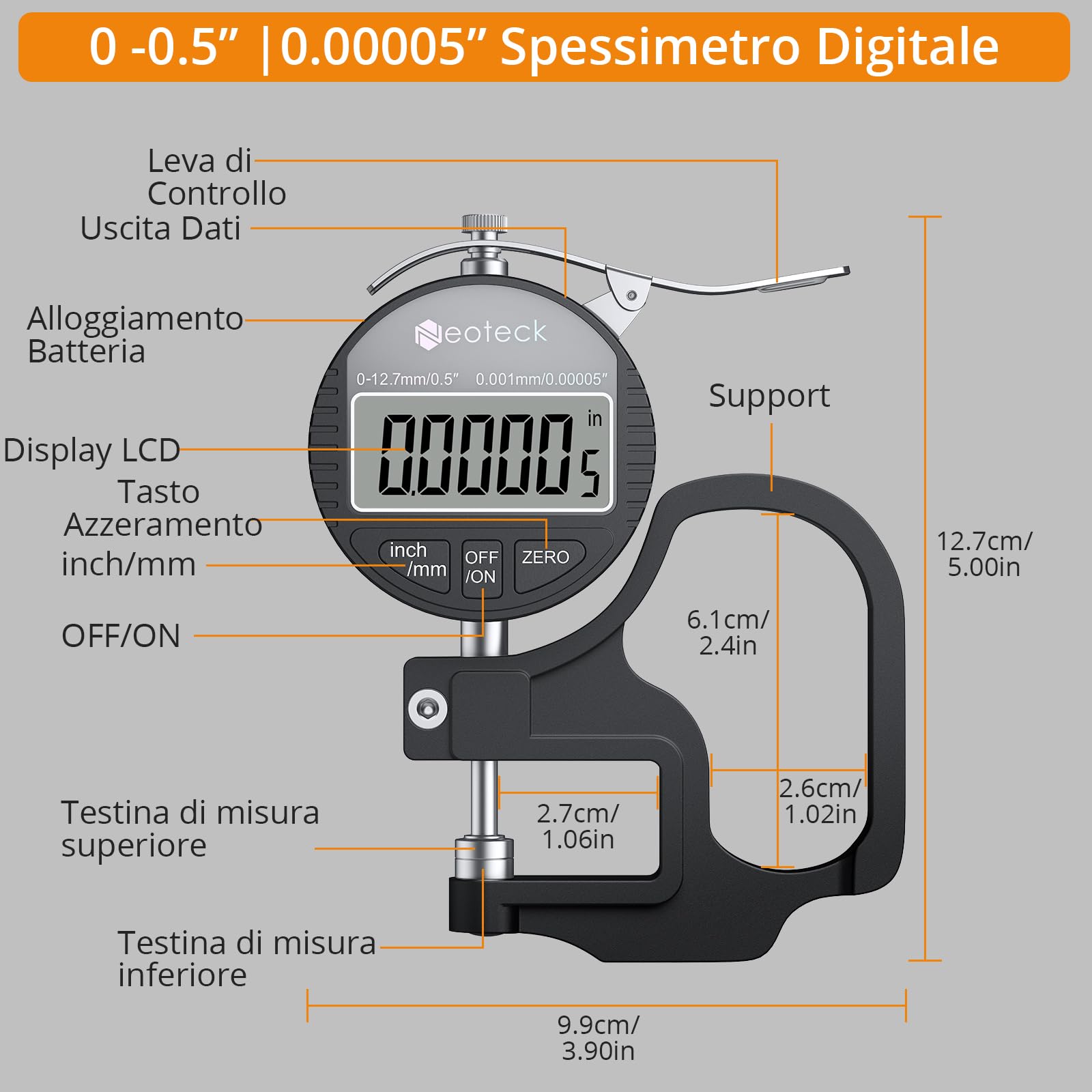 Neoteck Micrometro Digitale 0-12.7mm Risoluzione 0.001mm Calibro Spessore LCD Misuratore di Precisione