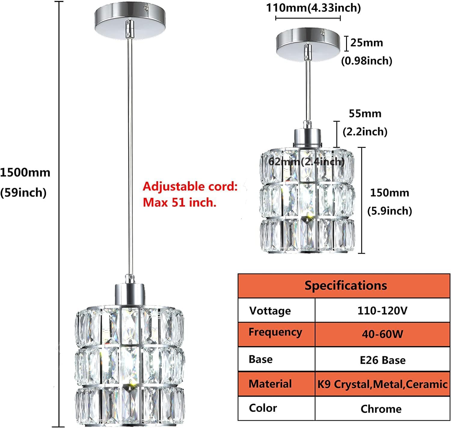 3 Pack Chrome Crystal Pendant Light, Mini Pendant Lights for Kitchen Island with Crystal Plate Metal Shade, Modern Concise Pendant Silver Fixture for Foyer Hallway, Dining Room