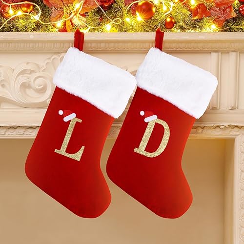 Miniatura 5 de Medias de Navidad con monograma de 20 pulgadas con letras, medias de Navidad grandes súper suaves, terciopelo rojo con puño de felpa súper suave