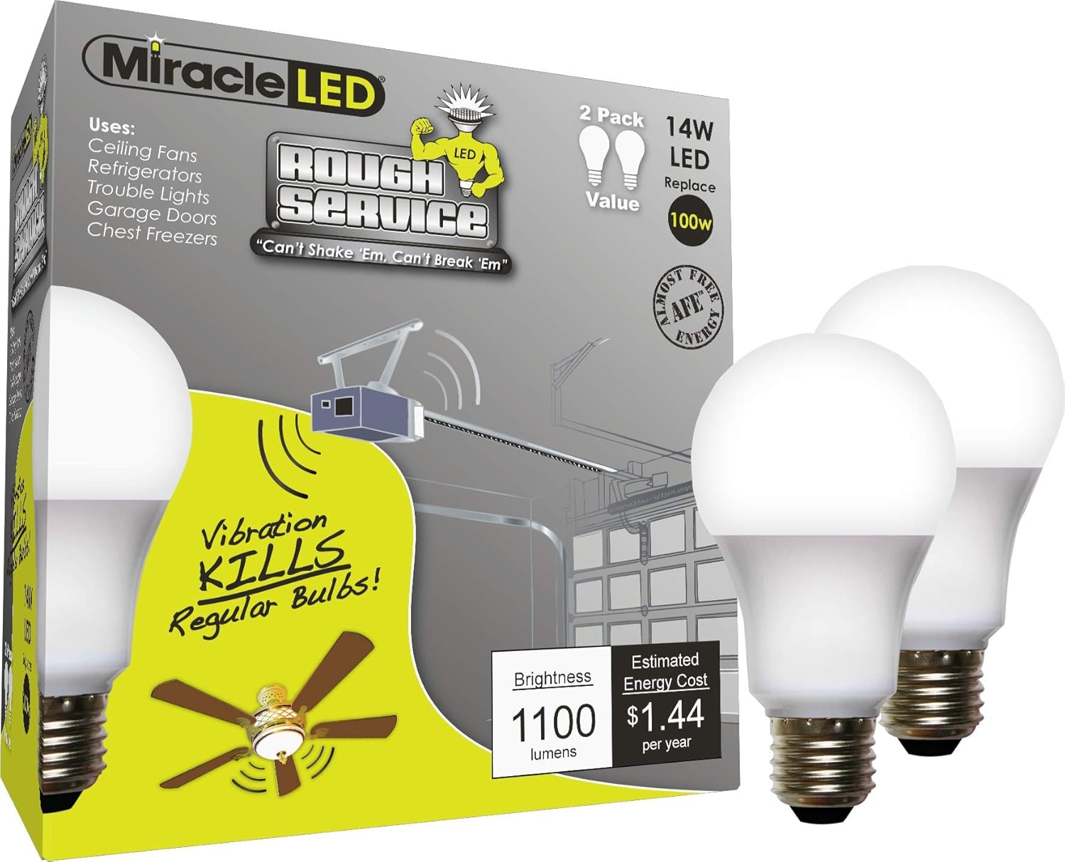 Miracle LED 14W Rough Service Household Light Bulb Replacing up to 120W (2-Pack), Daylight White