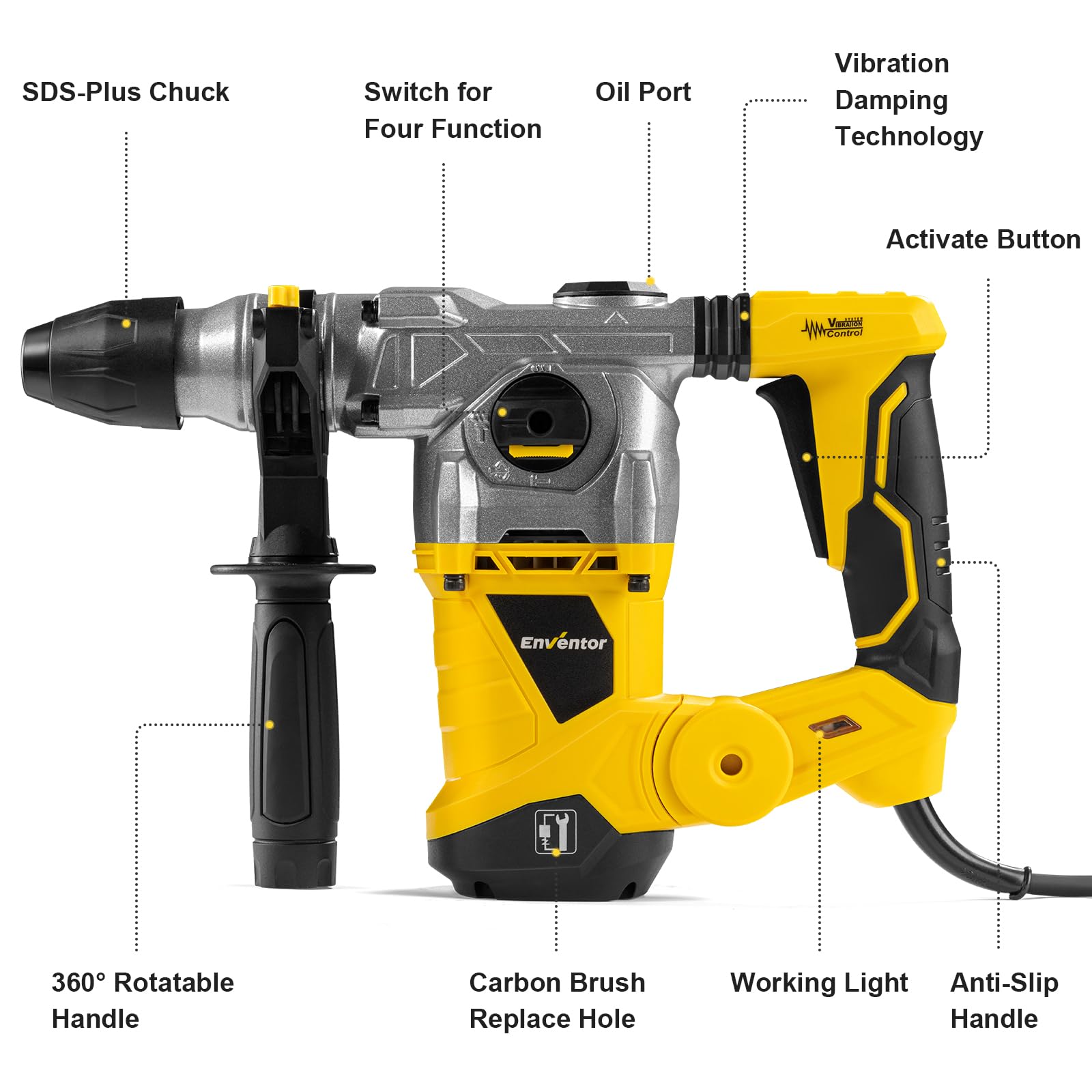 ENVENTOR SDS-Plus Bohrhammer, 1500W Schlagbohrmaschine, 6Joule Abbruchhammer mit Anti-Vibrationsgriff, Max 4500 BPM, 4 Funciones Kombihammer, Max Bohrleistung in Beton(32mm), Metall(13mm), Holz(40mm)
