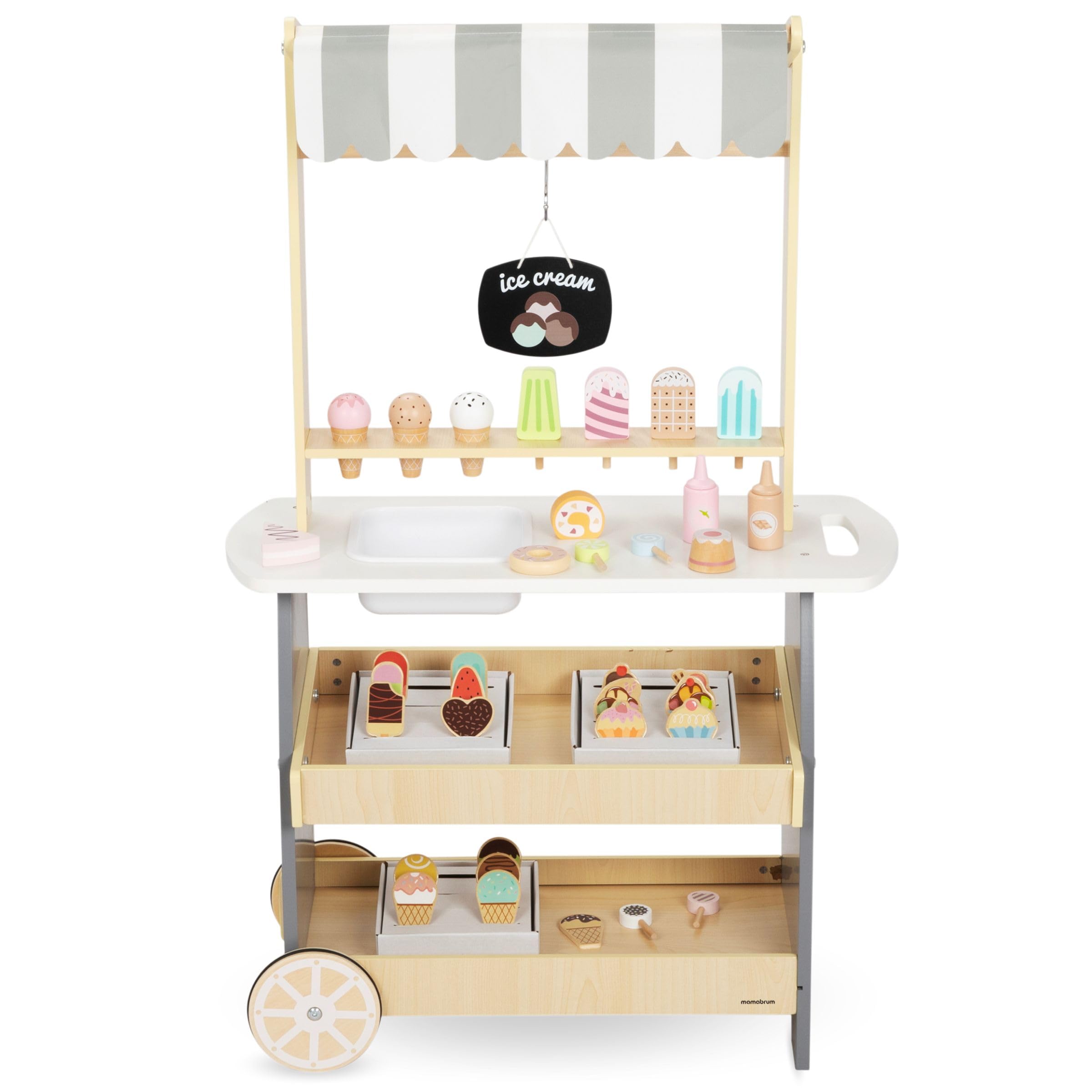 Mamabrum Holz Eisdiele für Kinder 3+, Rollwagen mit EIS, Spielen, Dezentes Design, Reichhaltige Accessoires, Entwickelt Kreativität und Soziale Fähigkeiten