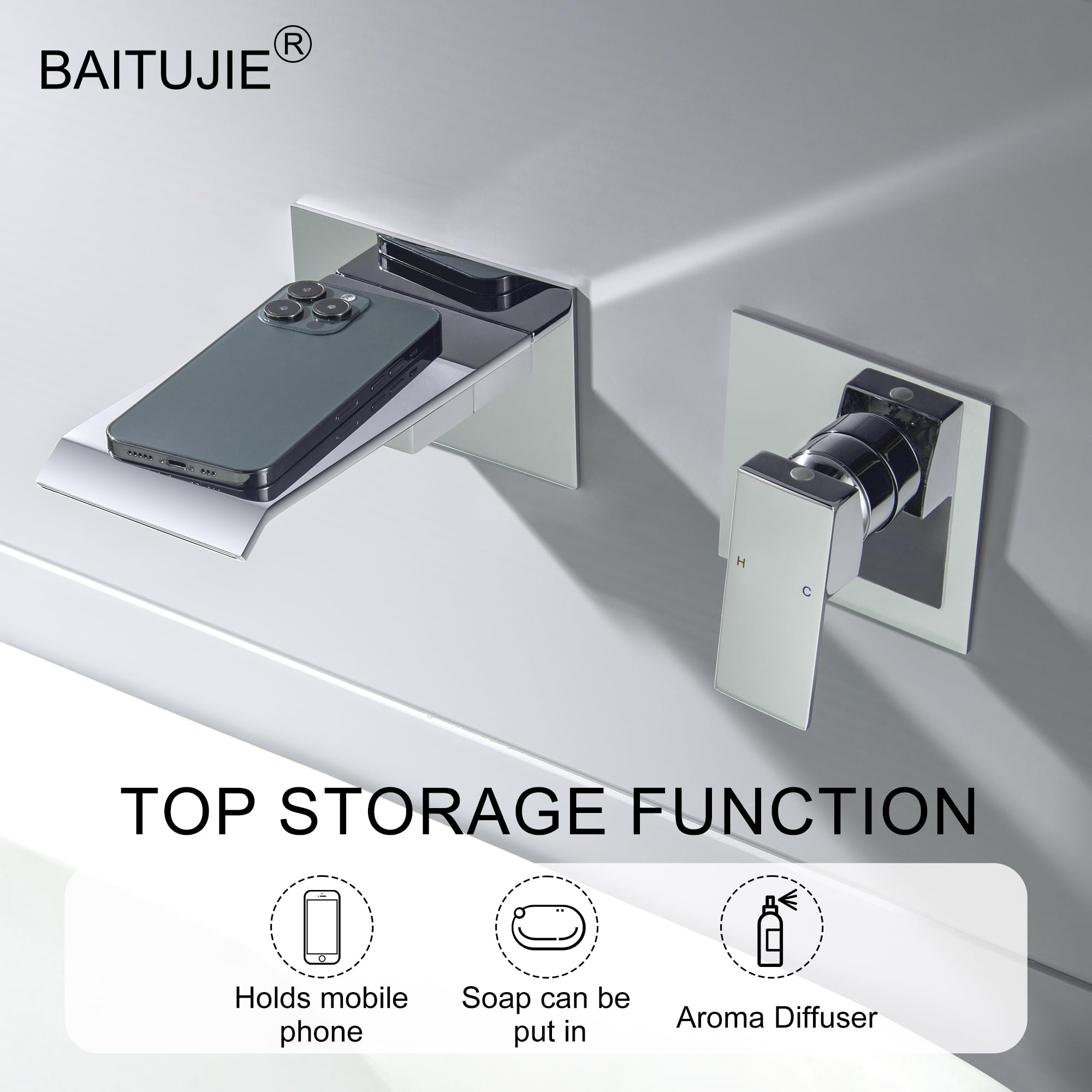 Grifo Lavabo Cascada Pared Grifo Baño Moderno Mezclador Bañera Empotrado Grifería Baño Monomando Agua fría y Agua Caliente (Cromo)