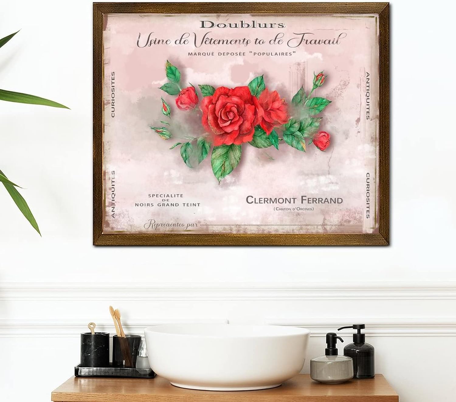 Vintag French Rose Flower Framed Wood Signs French City Wall Art Signs Rustic Hello Spring Flower Wood Decor Farmhouse Wall Hanging Plaque for Home Family Living Room Bedroom 16x20 Inch