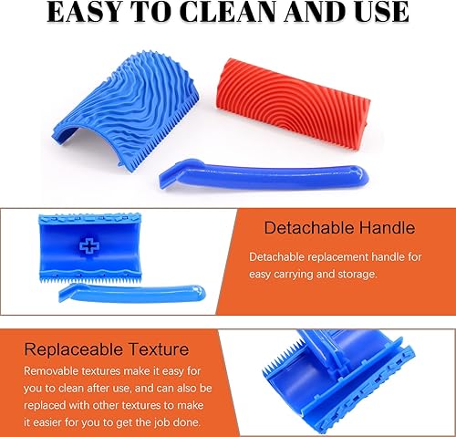 Miniatura 6 de Juego de 4 herramientas de pintura de grano de madera, herramienta de grano de madera de goma azul rojo y rodillo de patrón de textura de madera