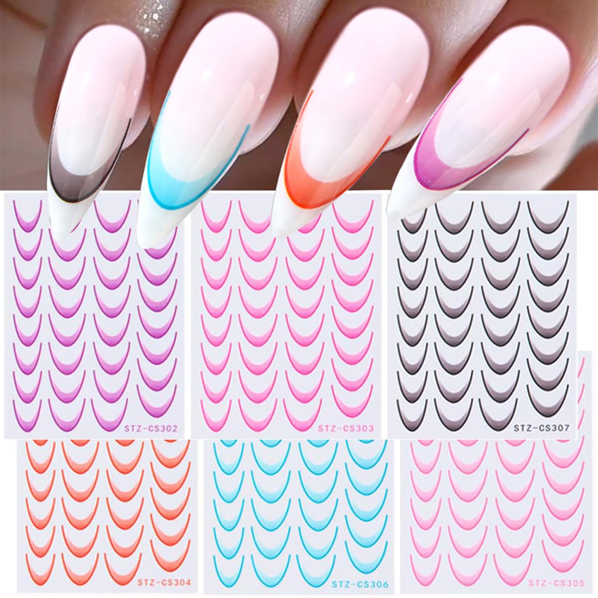 6 Sheets Gradient Color French Line Nail Art Stickers Colorful French Tip Nail Decals Self-Adhesive Nail Tips Guides Stripe Lines Nail Sliders for DIY Nail Art Decorations