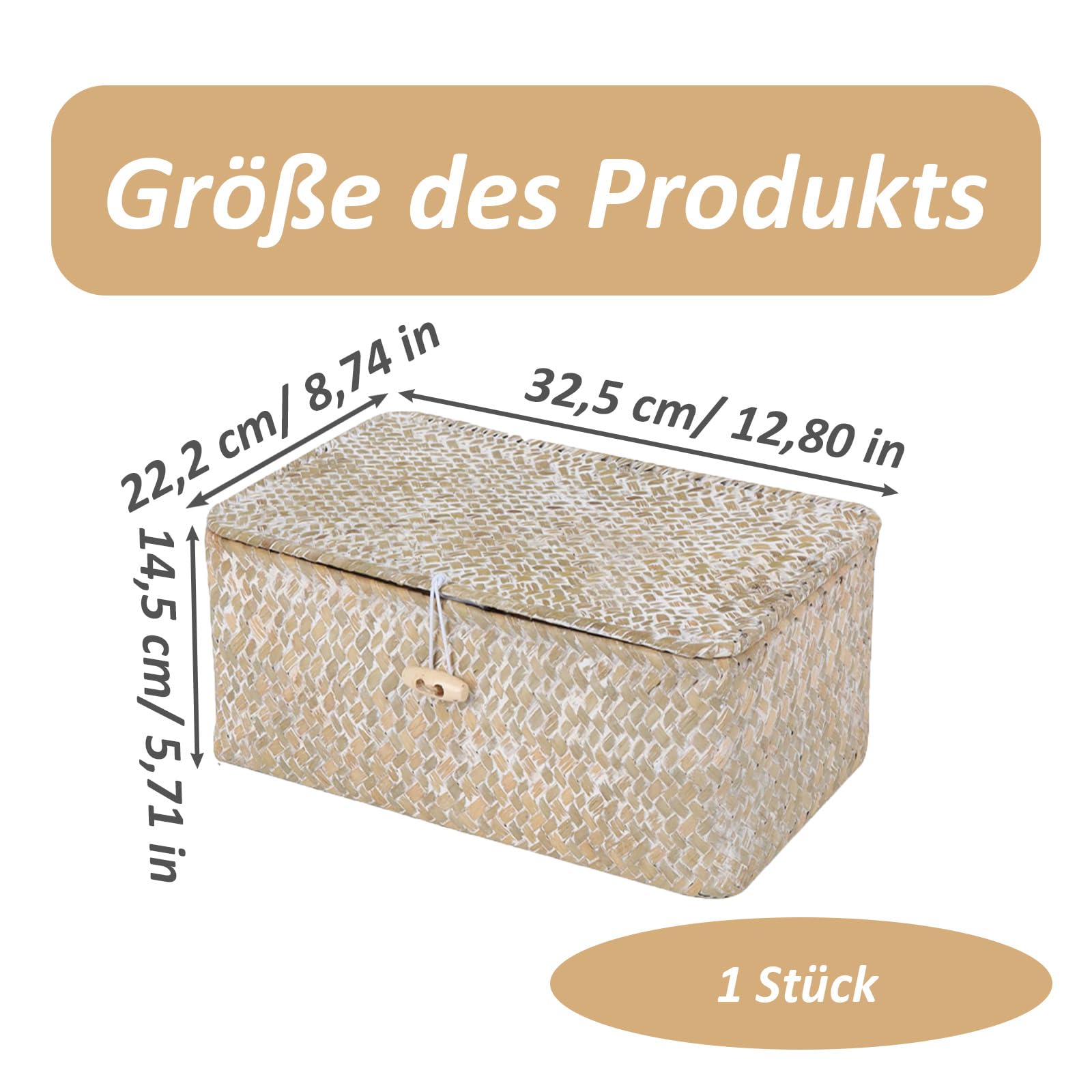 Cesto Portaoggetti in Rattan Intrecciato, Cestino Portaoggetti Rettangolare Intrecciato Fatto a Mano con Coperchio, Organizer per Trucchi Multifunzionale, per Cosmetici e Abbigliamento (M, Bianco)
