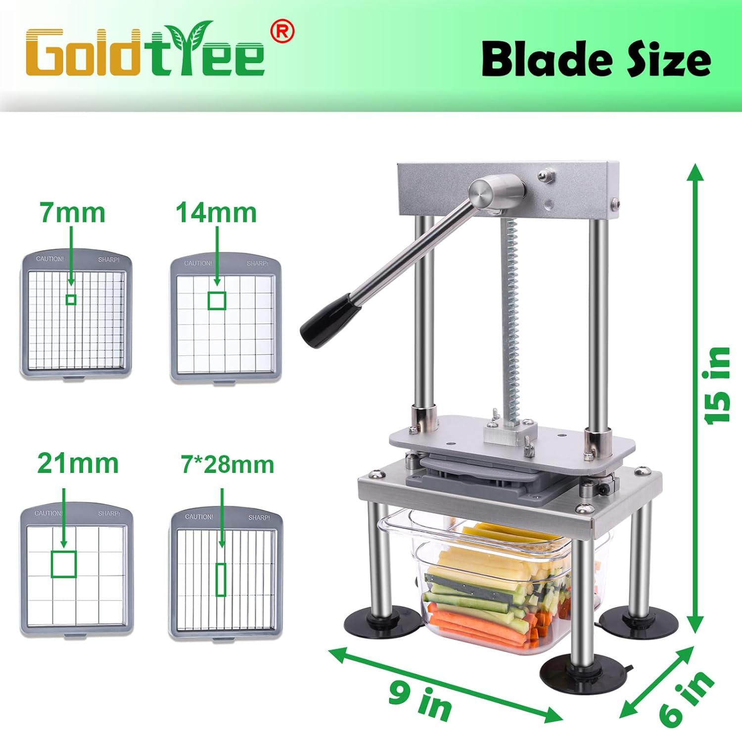 French Fry Cutter Goldtree Commercial Vegetable Chopper Professional Stainless Steel Potato Cutter Food Onion Dicer With 4 Replacement Blades for Tomatoes Fruit Carrots Cucumbers